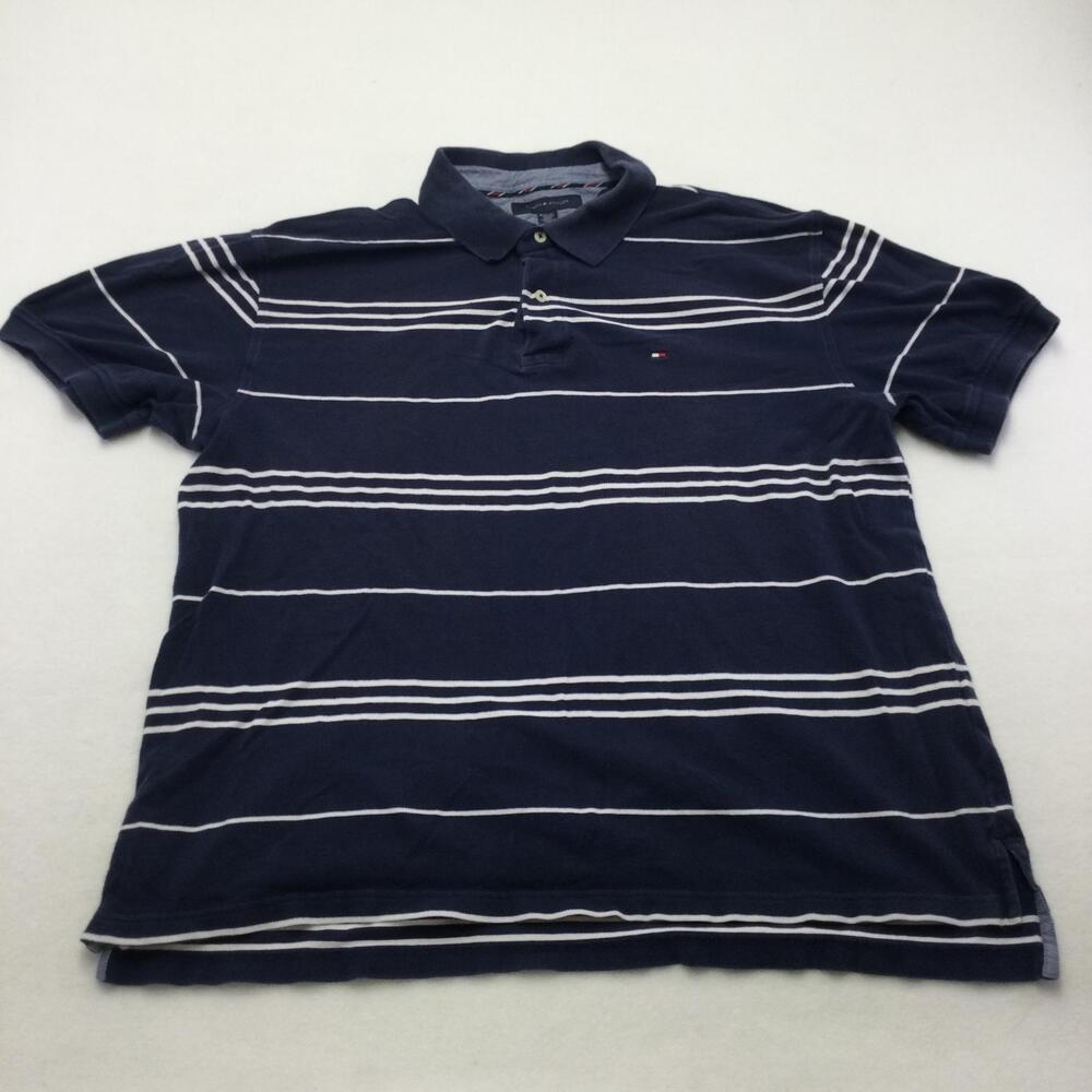 Tommy Hilfiger Polo Shirt Mens XL Blue Striped Cotton Short Sleeve Logo Casual